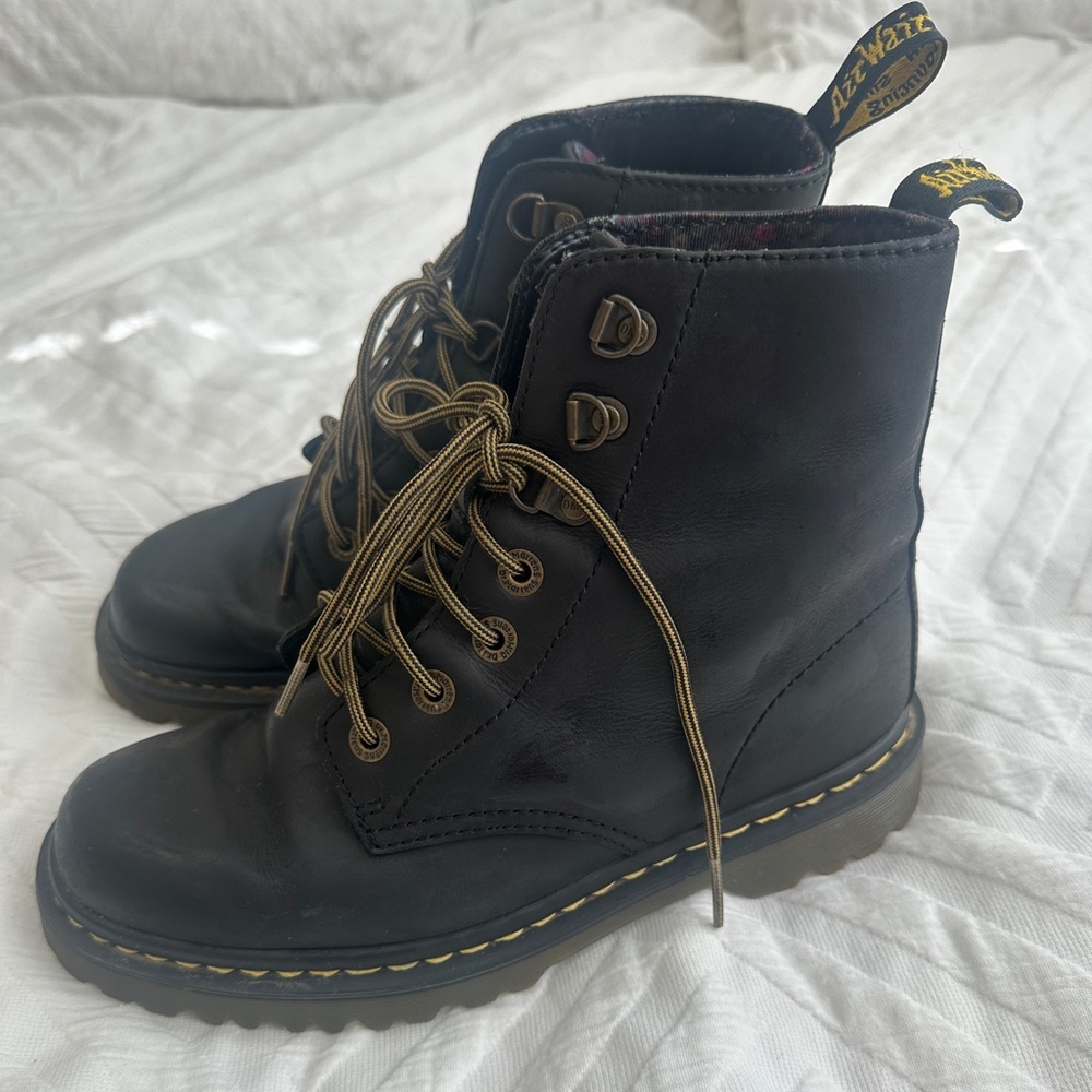 Dr. Martens Black Leather Combat Boots with Tan Laces